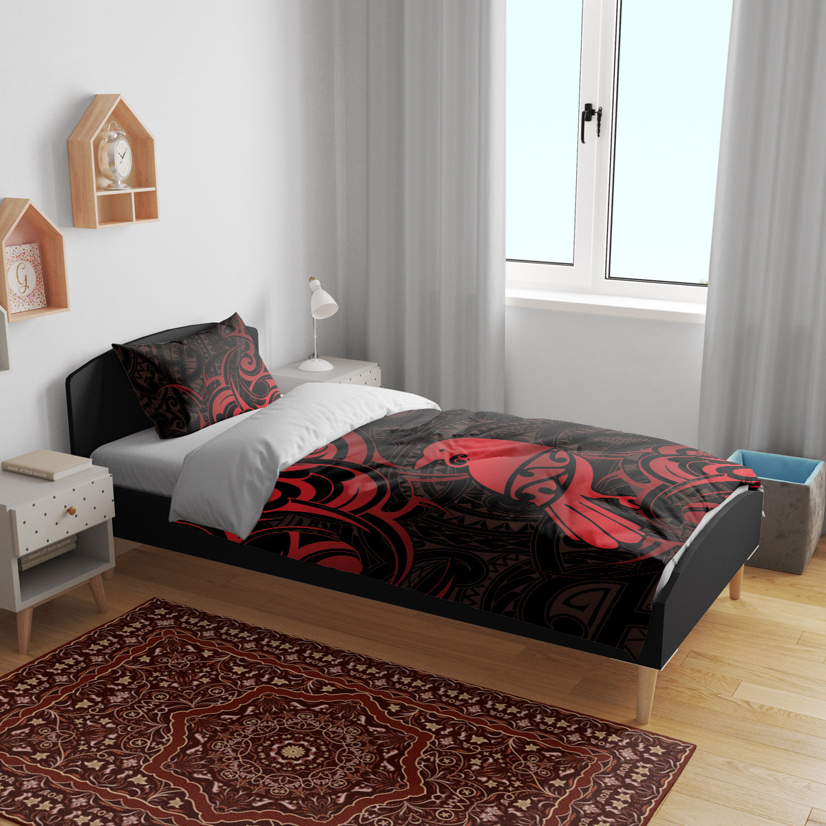 New Zealand Tui Bird Bedding Set Aotearoa Maori Pattern - Red - Vibe Hoodie Shop