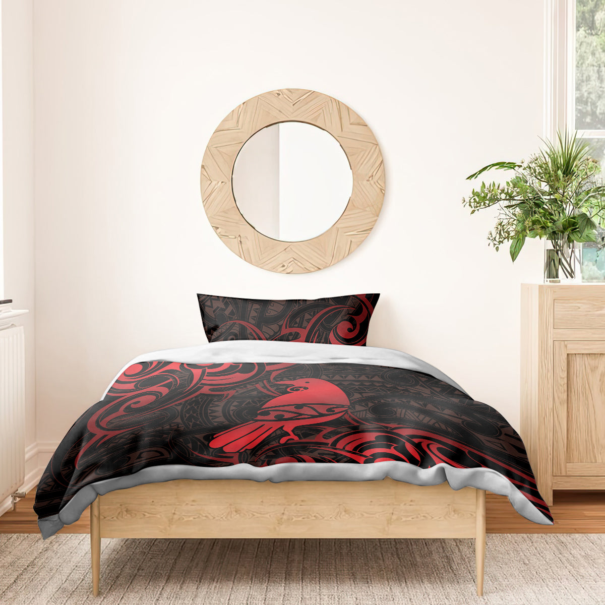 New Zealand Tui Bird Bedding Set Aotearoa Maori Pattern - Red - Vibe Hoodie Shop
