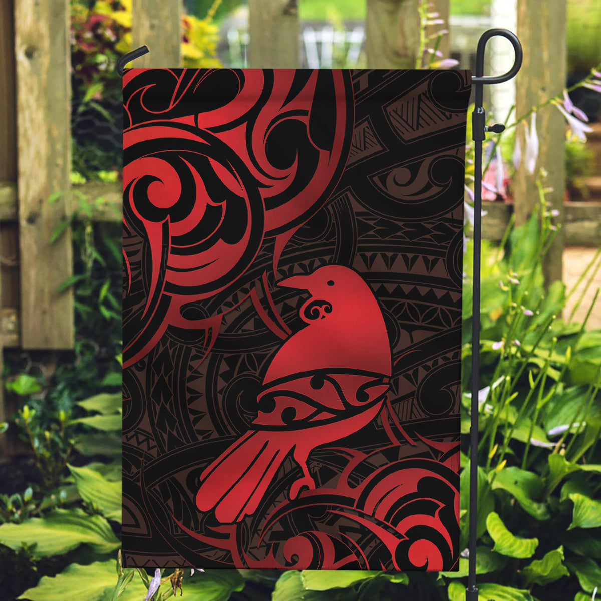 New Zealand Tui Bird Garden Flag Aotearoa Maori Pattern - Red - Vibe Hoodie Shop