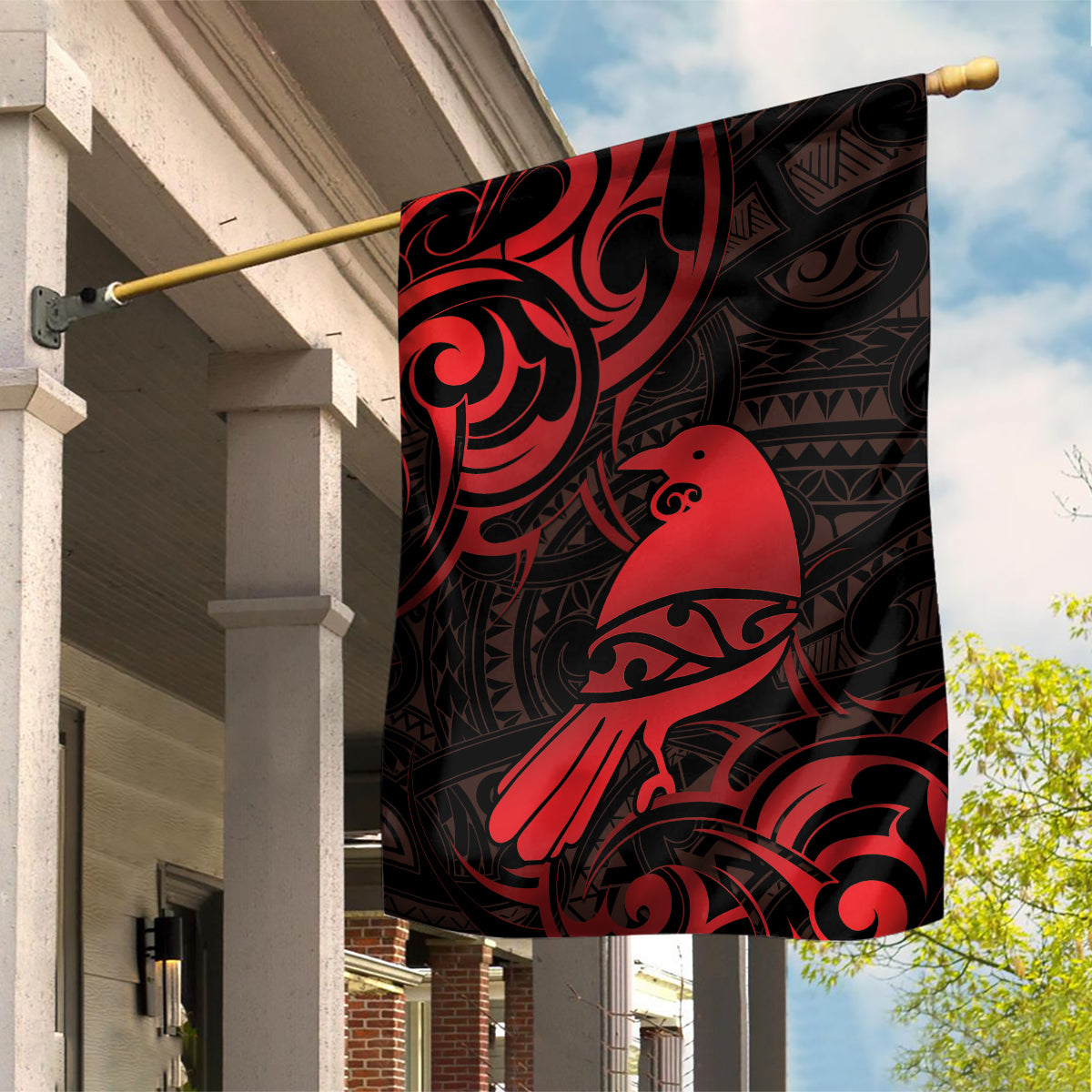 New Zealand Tui Bird Garden Flag Aotearoa Maori Pattern - Red - Vibe Hoodie Shop