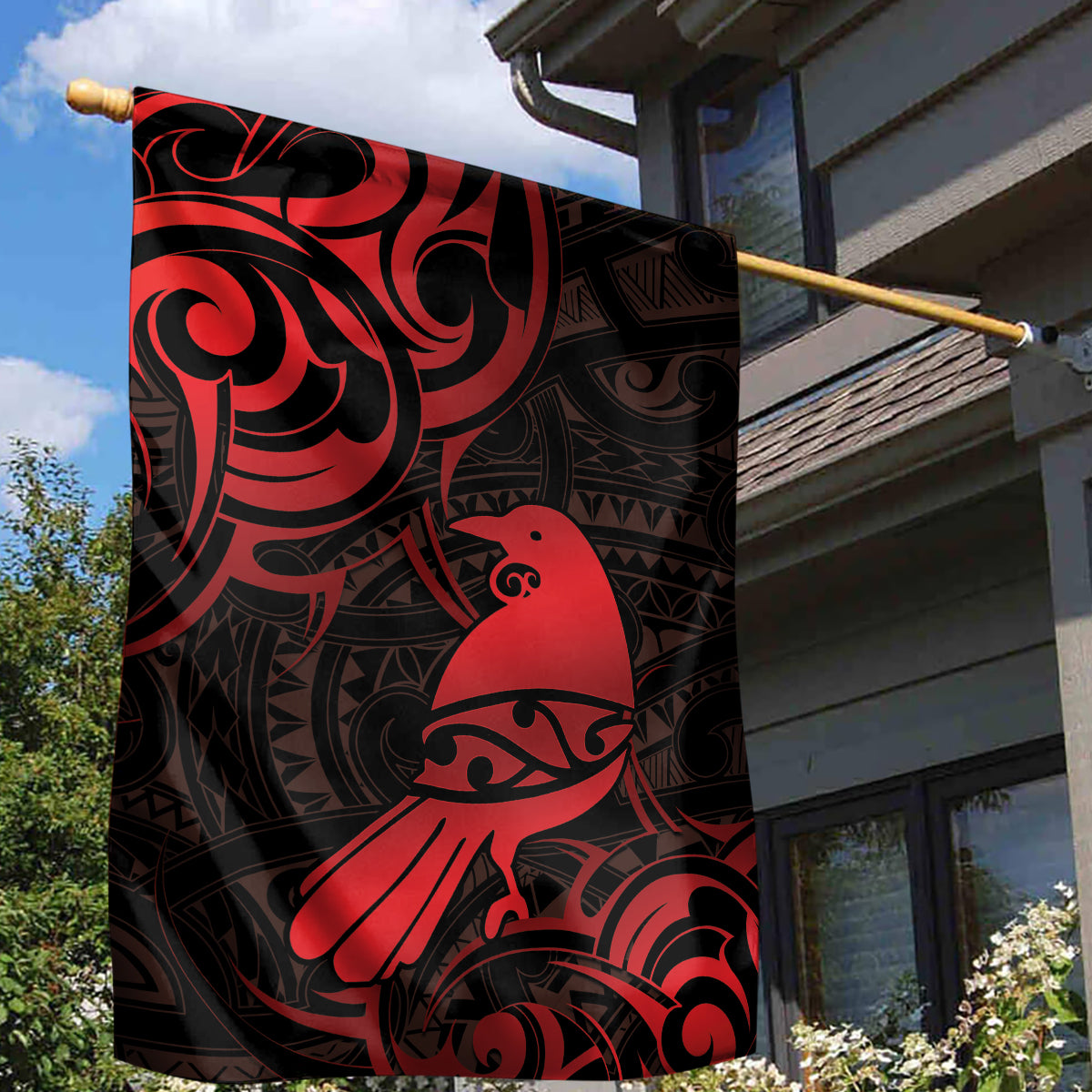 New Zealand Tui Bird Garden Flag Aotearoa Maori Pattern - Red - Vibe Hoodie Shop