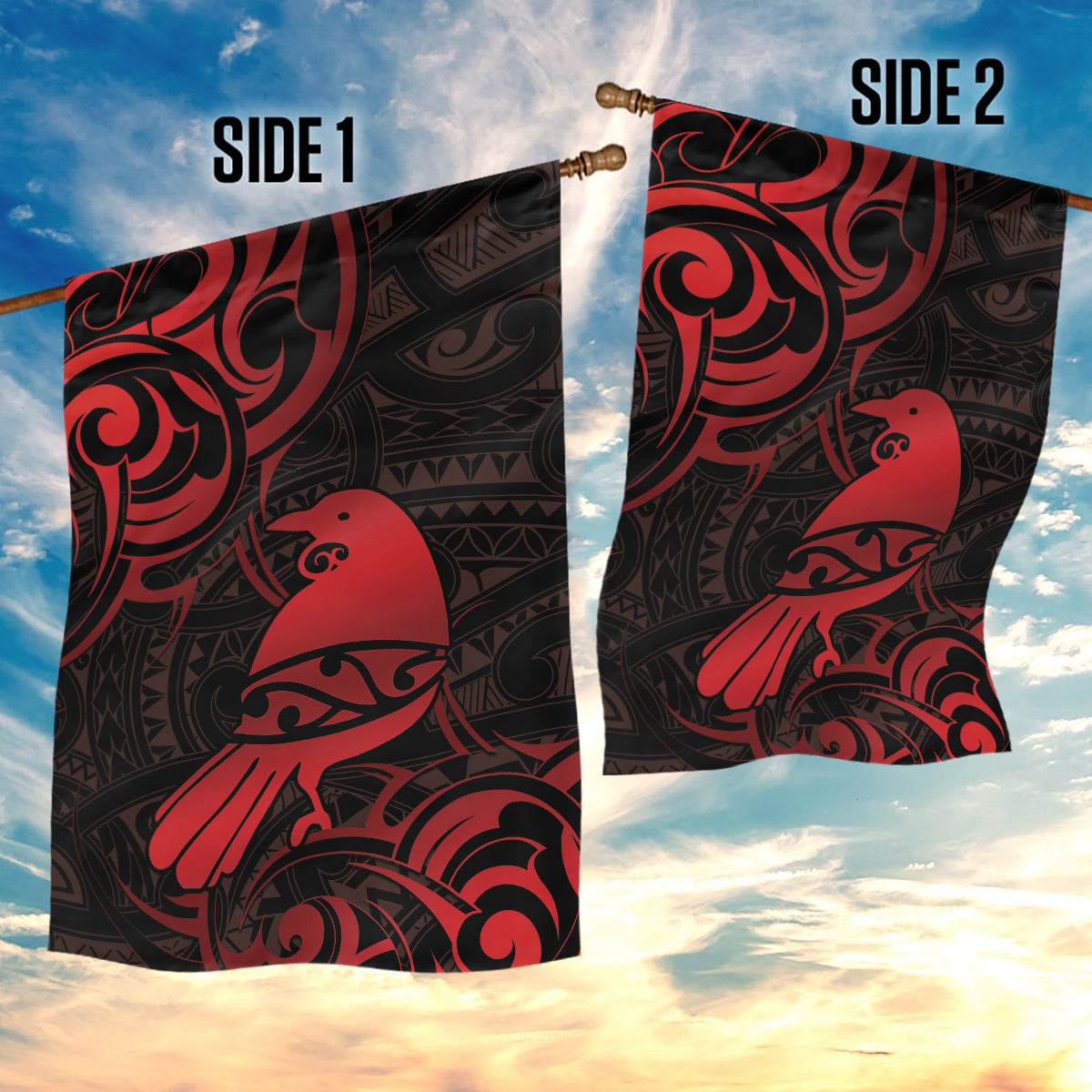 New Zealand Tui Bird Garden Flag Aotearoa Maori Pattern - Red - Vibe Hoodie Shop