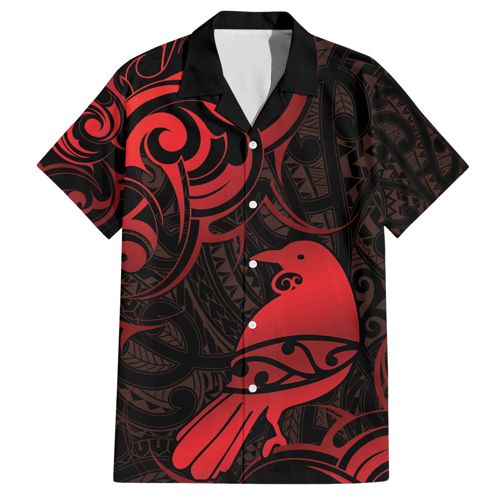 New Zealand Tui Bird Hawaiian Shirt Aotearoa Maori Pattern - Red - Vibe Hoodie Shop