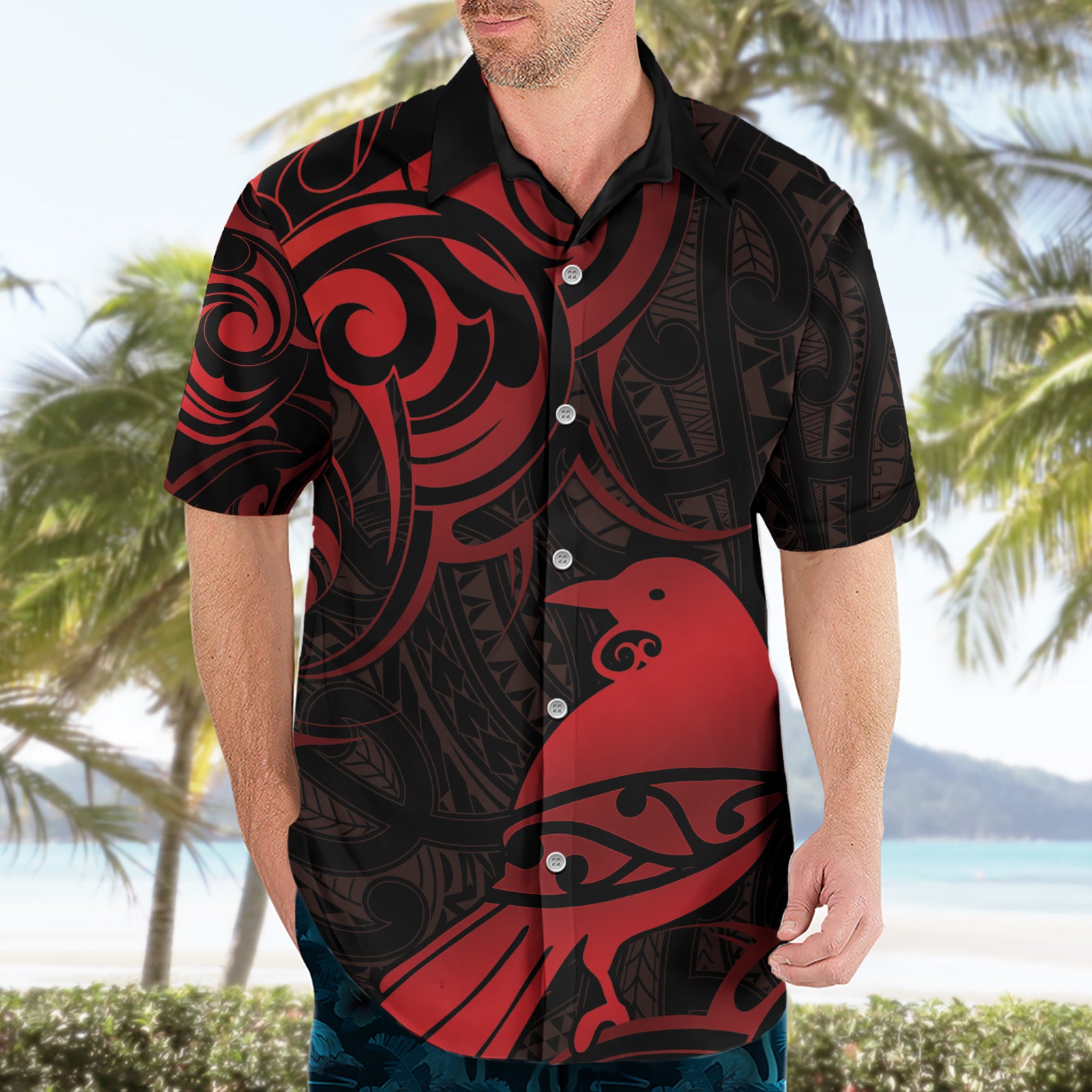 New Zealand Tui Bird Hawaiian Shirt Aotearoa Maori Pattern - Red - Vibe Hoodie Shop