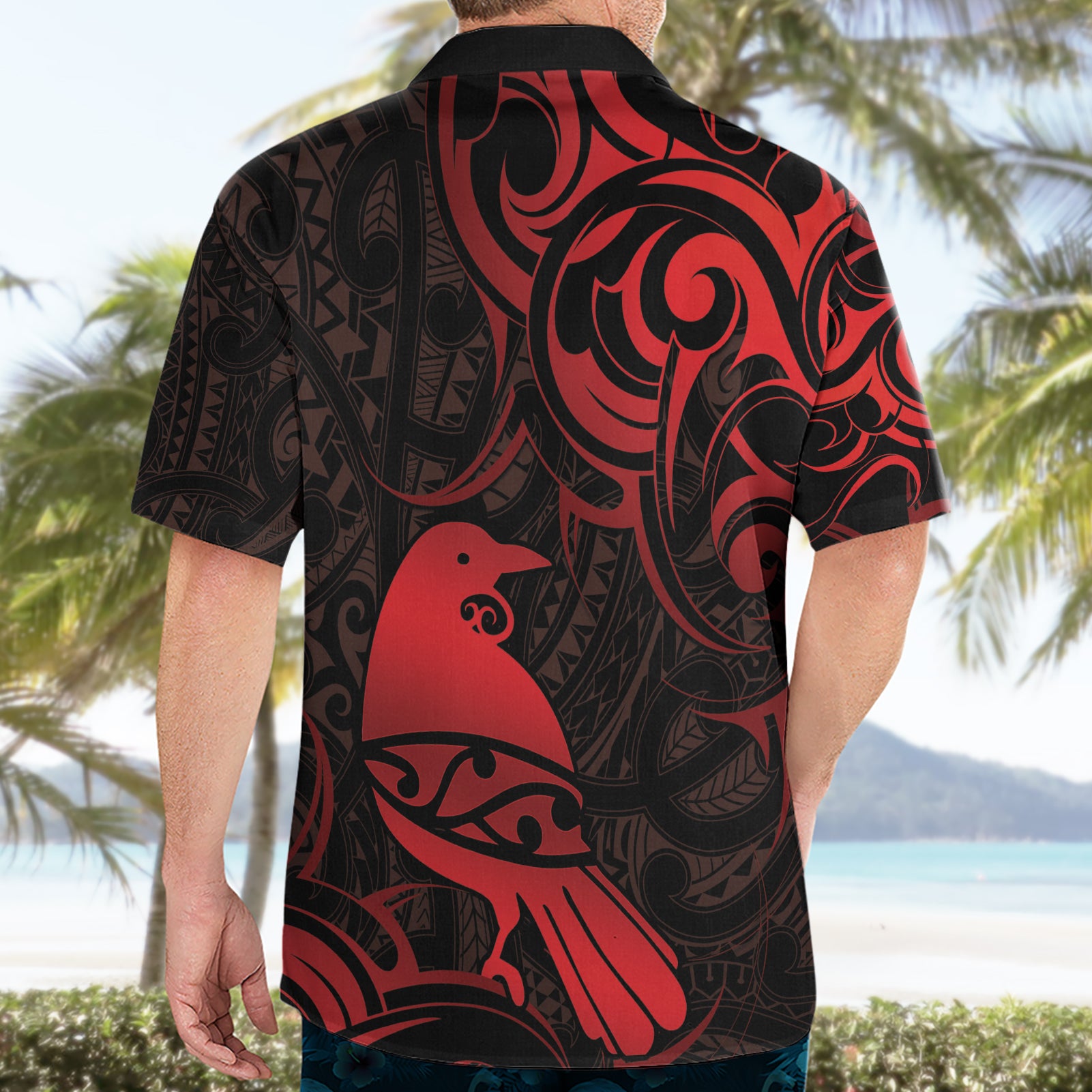 New Zealand Tui Bird Hawaiian Shirt Aotearoa Maori Pattern - Red - Vibe Hoodie Shop