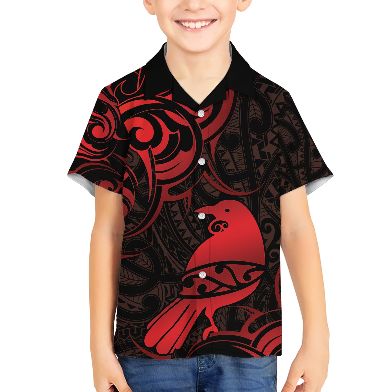 New Zealand Tui Bird Hawaiian Shirt Aotearoa Maori Pattern - Red - Vibe Hoodie Shop