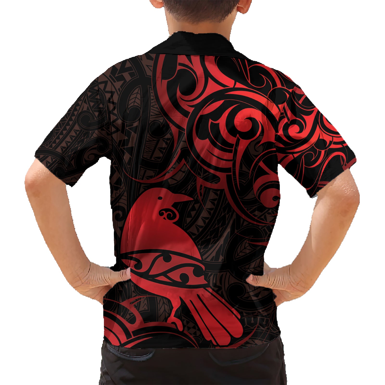 New Zealand Tui Bird Hawaiian Shirt Aotearoa Maori Pattern - Red - Vibe Hoodie Shop