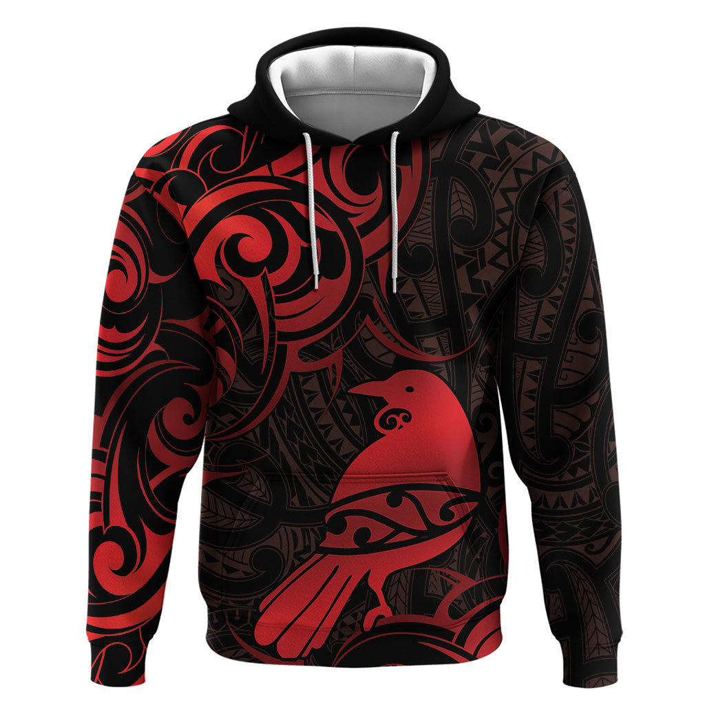 New Zealand Tui Bird Hoodie Aotearoa Maori Pattern - Red - Vibe Hoodie Shop