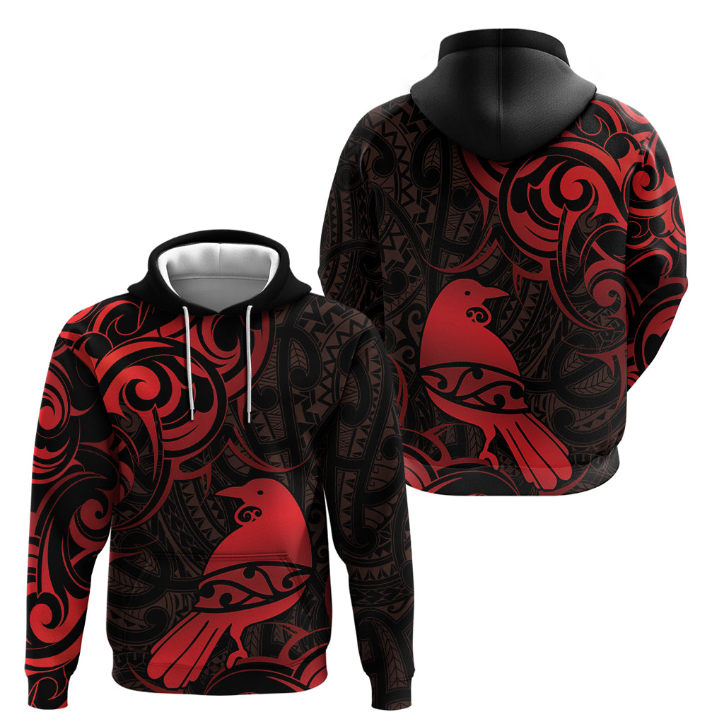 New Zealand Tui Bird Hoodie Aotearoa Maori Pattern - Red - Vibe Hoodie Shop
