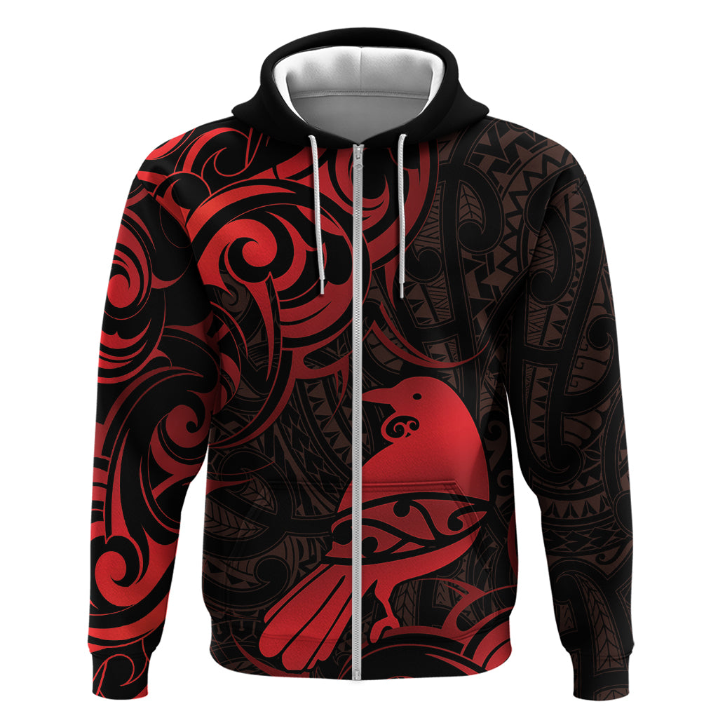 New Zealand Tui Bird Hoodie Aotearoa Maori Pattern - Red - Vibe Hoodie Shop