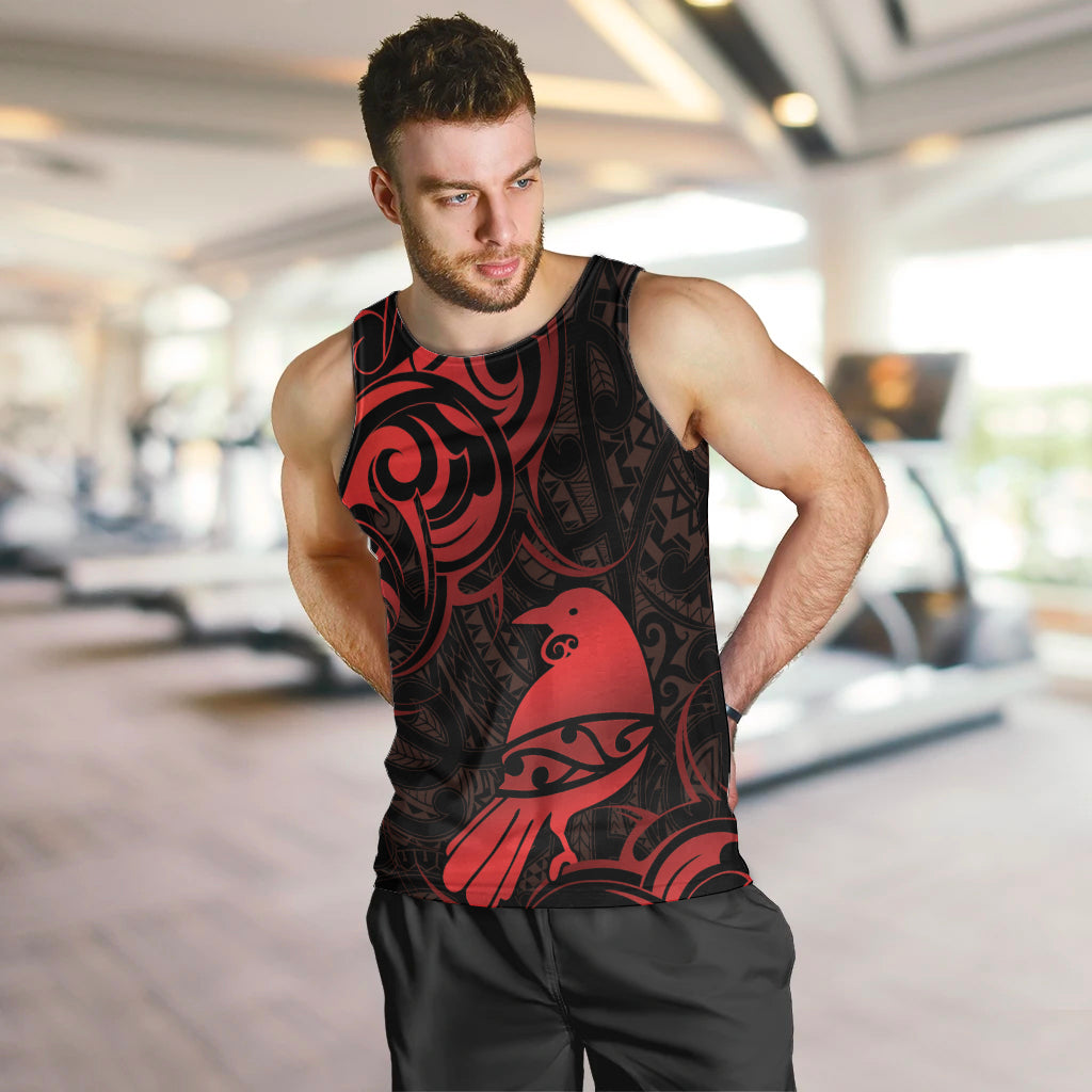 New Zealand Tui Bird Men Tank Top Aotearoa Maori Pattern - Red - Vibe Hoodie Shop