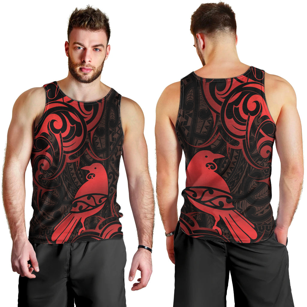 New Zealand Tui Bird Men Tank Top Aotearoa Maori Pattern - Red - Vibe Hoodie Shop
