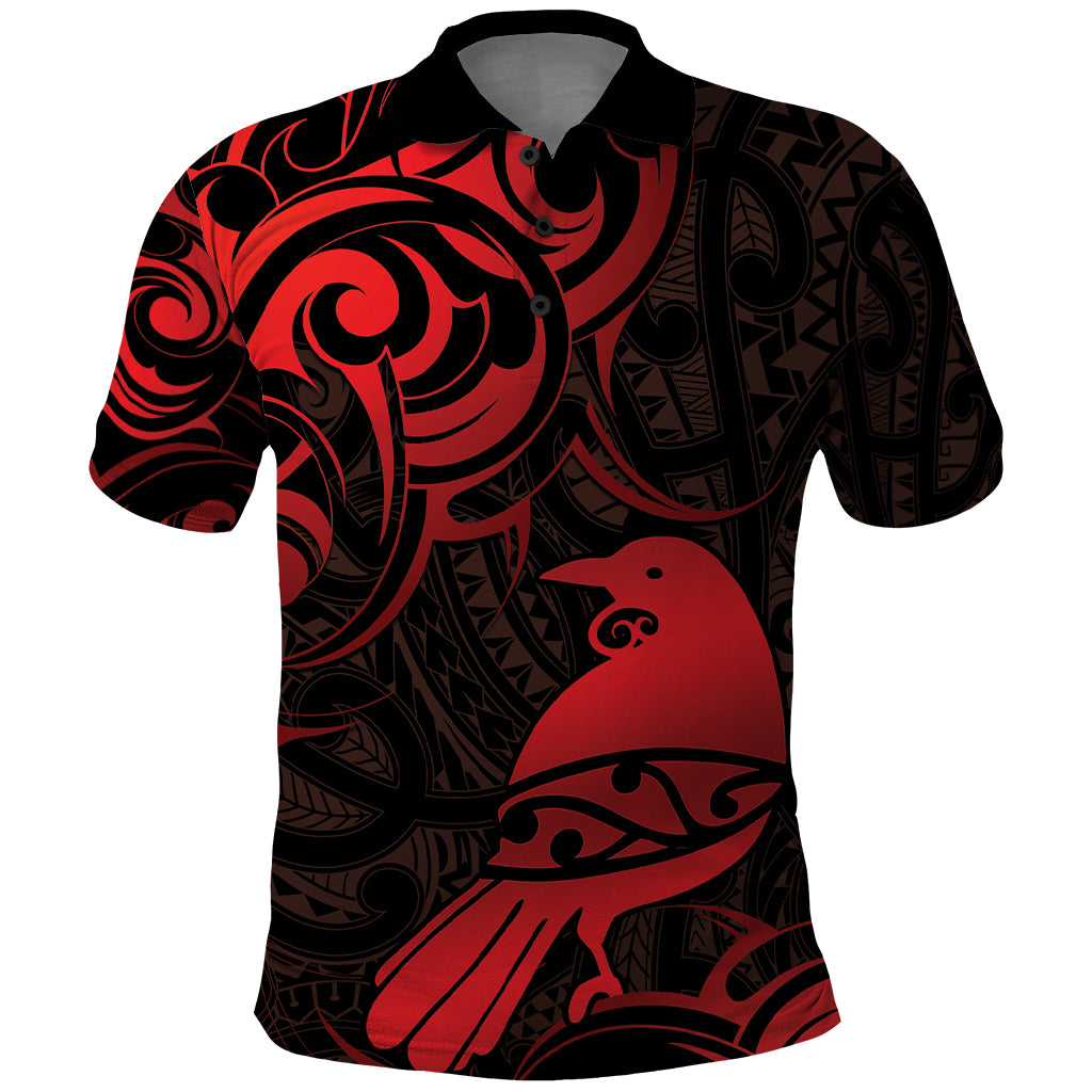 New Zealand Tui Bird Polo Shirt Aotearoa Maori Pattern - Red - Vibe Hoodie Shop