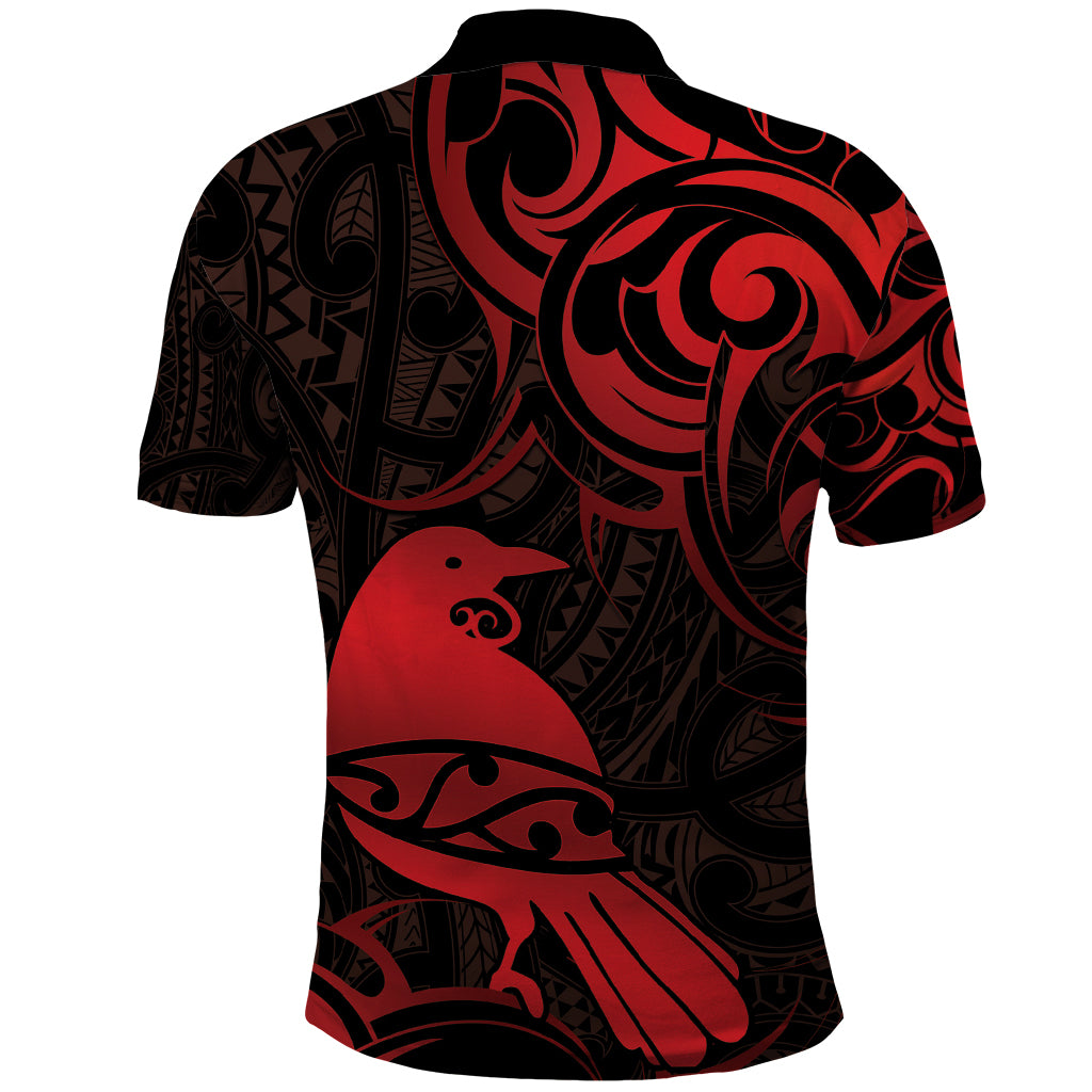New Zealand Tui Bird Polo Shirt Aotearoa Maori Pattern - Red - Vibe Hoodie Shop