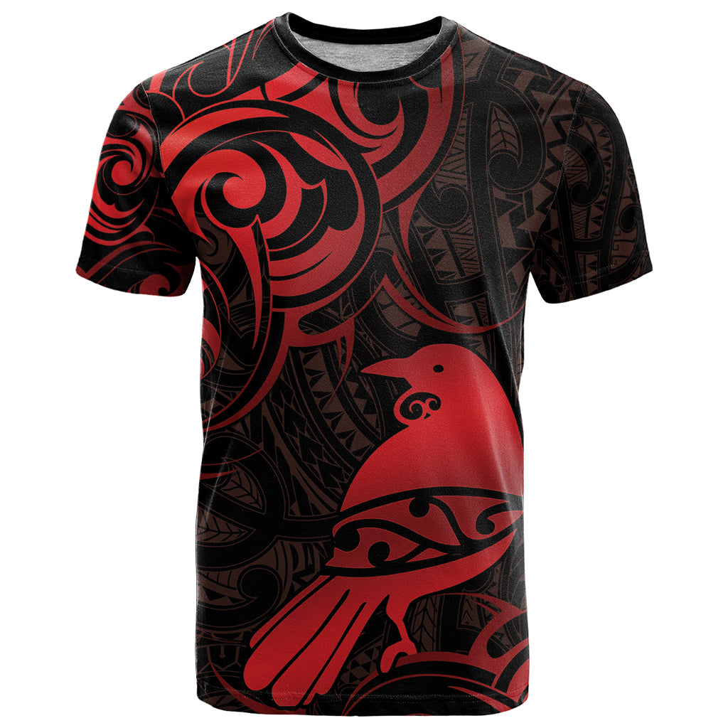 New Zealand Tui Bird T Shirt Aotearoa Maori Pattern - Red - Vibe Hoodie Shop