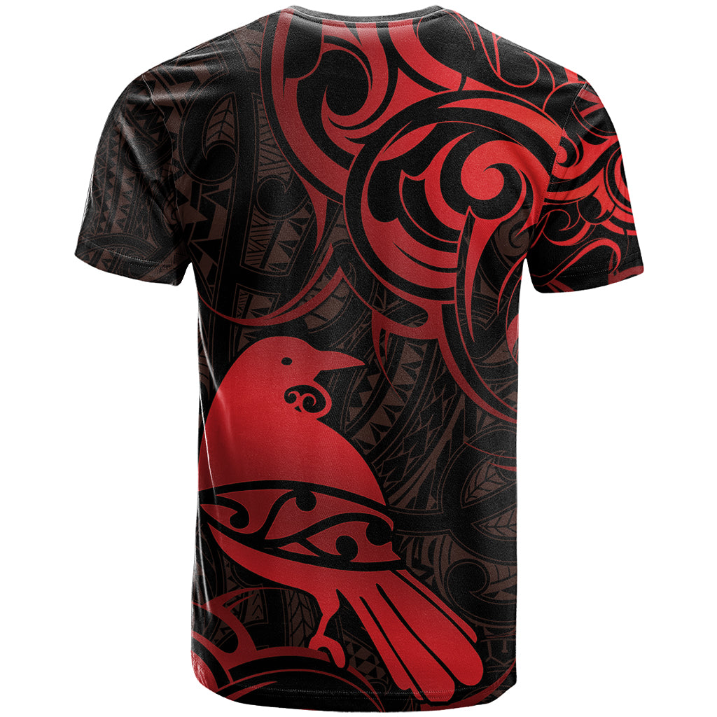 New Zealand Tui Bird T Shirt Aotearoa Maori Pattern - Red - Vibe Hoodie Shop