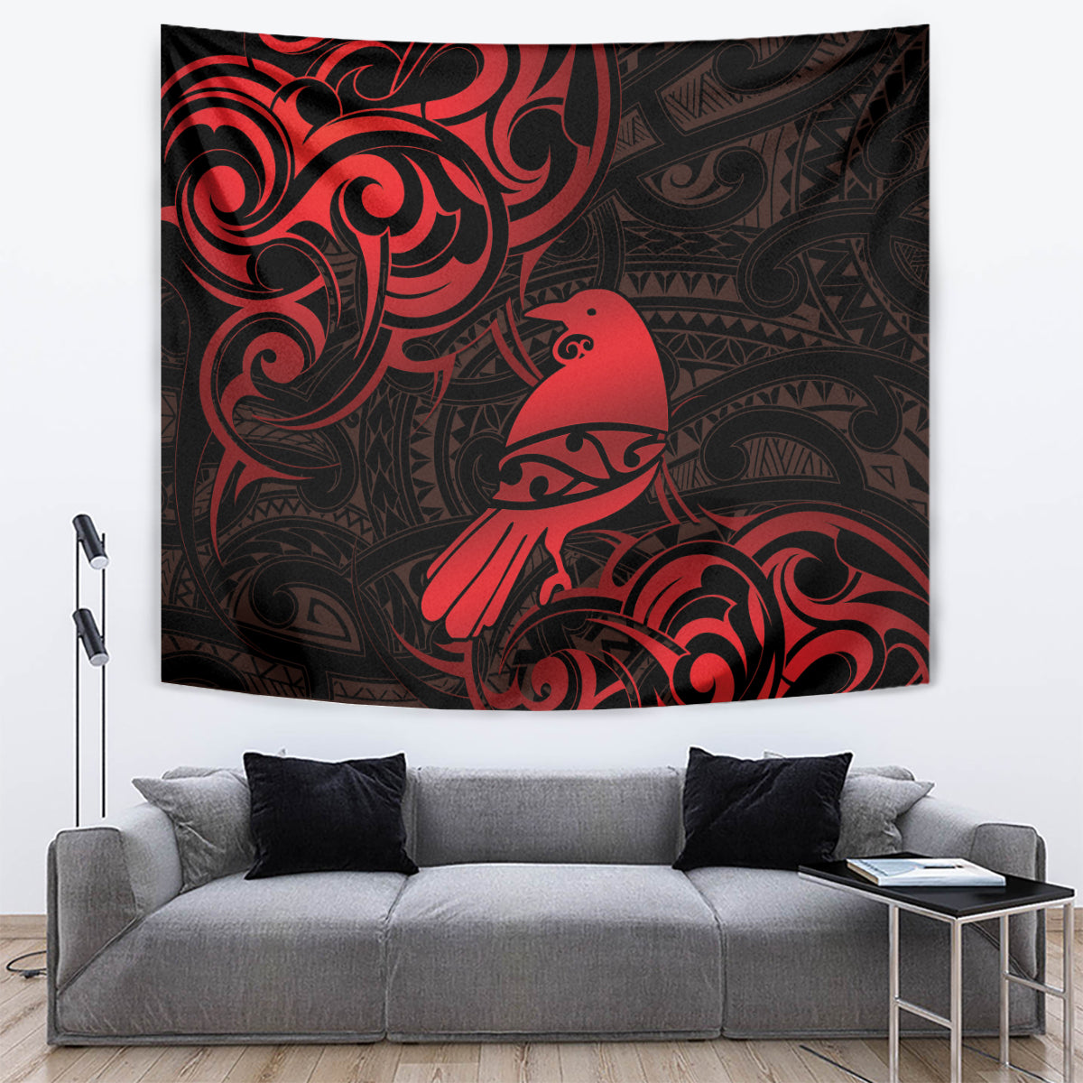 New Zealand Tui Bird Tapestry Aotearoa Maori Pattern - Red - Vibe Hoodie Shop