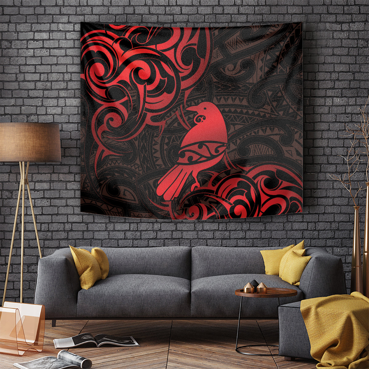 New Zealand Tui Bird Tapestry Aotearoa Maori Pattern - Red - Vibe Hoodie Shop