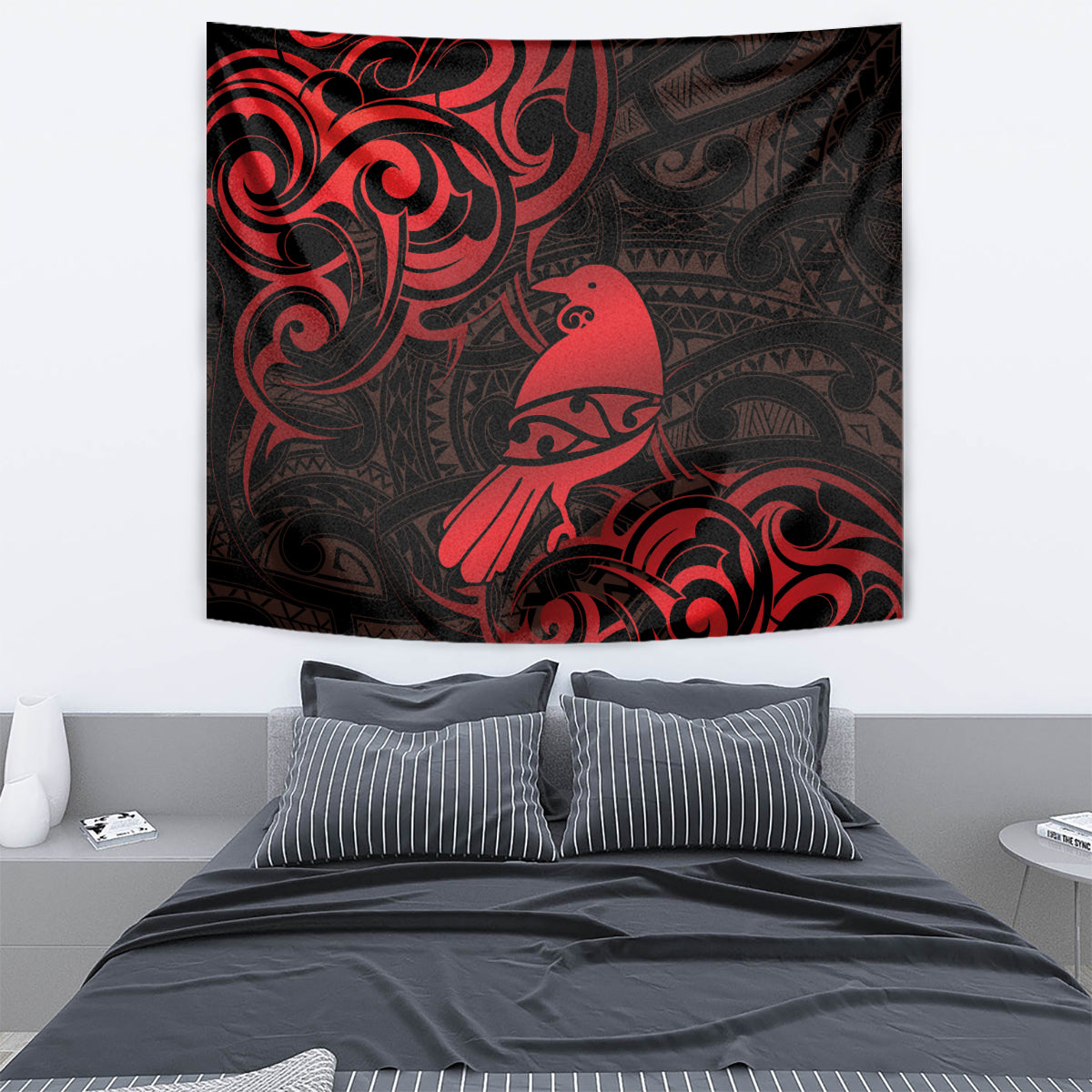 New Zealand Tui Bird Tapestry Aotearoa Maori Pattern - Red - Vibe Hoodie Shop