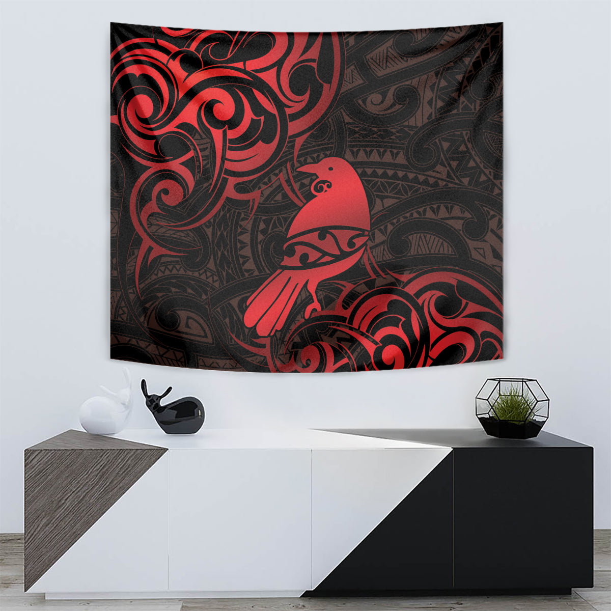 New Zealand Tui Bird Tapestry Aotearoa Maori Pattern - Red - Vibe Hoodie Shop