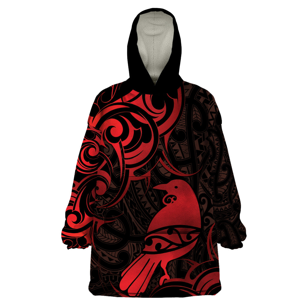 New Zealand Tui Bird Wearable Blanket Hoodie Aotearoa Maori Pattern - Red - Vibe Hoodie Shop