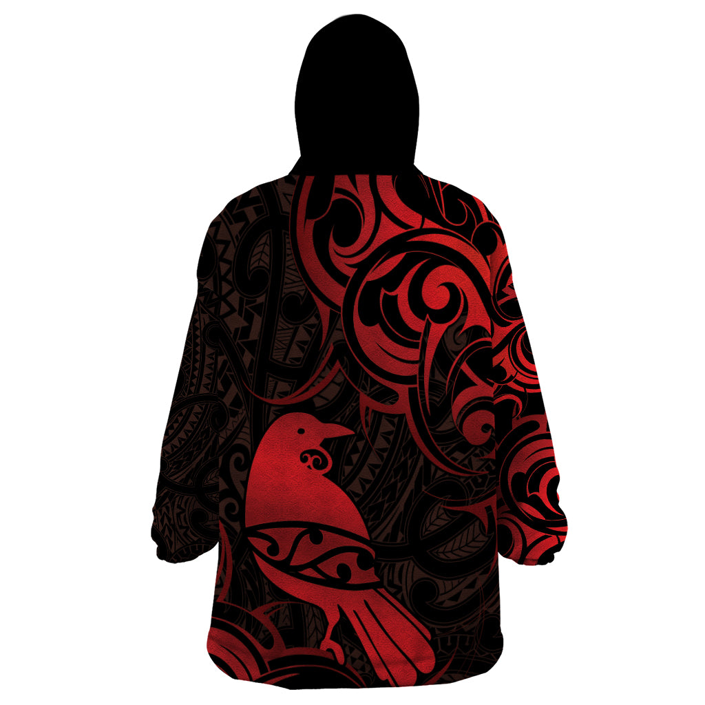 New Zealand Tui Bird Wearable Blanket Hoodie Aotearoa Maori Pattern - Red - Vibe Hoodie Shop