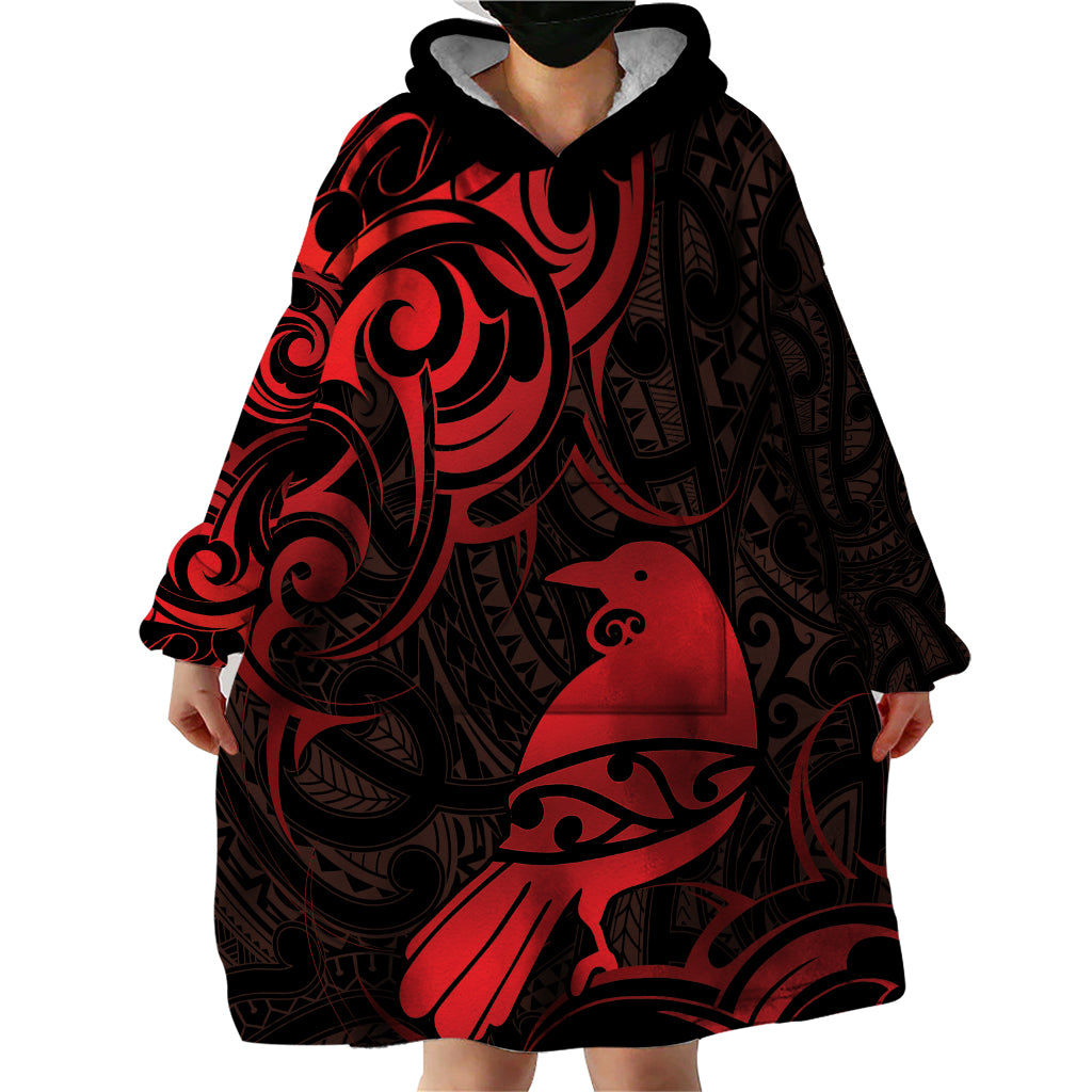 New Zealand Tui Bird Wearable Blanket Hoodie Aotearoa Maori Pattern - Red - Vibe Hoodie Shop