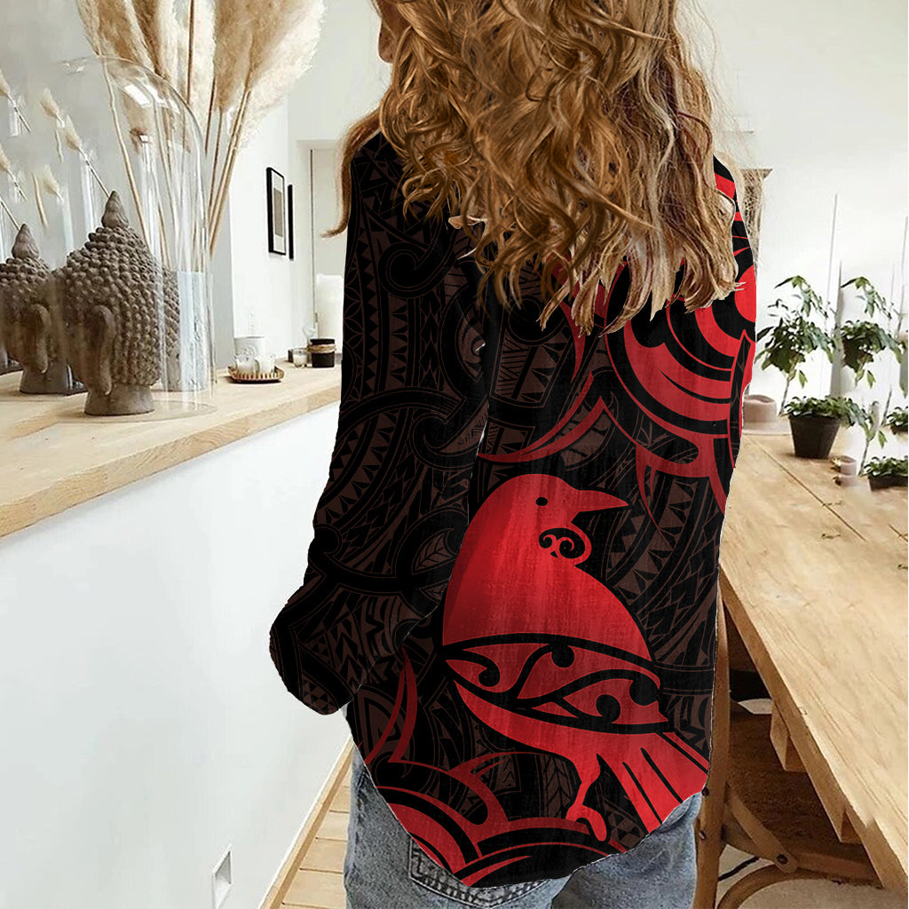 New Zealand Tui Bird Women Casual Shirt Aotearoa Maori Pattern - Red - Vibe Hoodie Shop