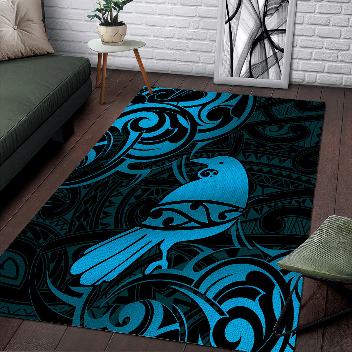 New Zealand Tui Bird Area Rug Aotearoa Maori Pattern - Blue - Vibe Hoodie Shop