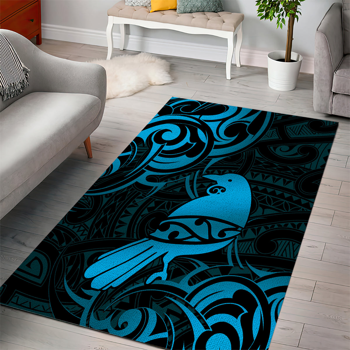 New Zealand Tui Bird Area Rug Aotearoa Maori Pattern - Blue - Vibe Hoodie Shop