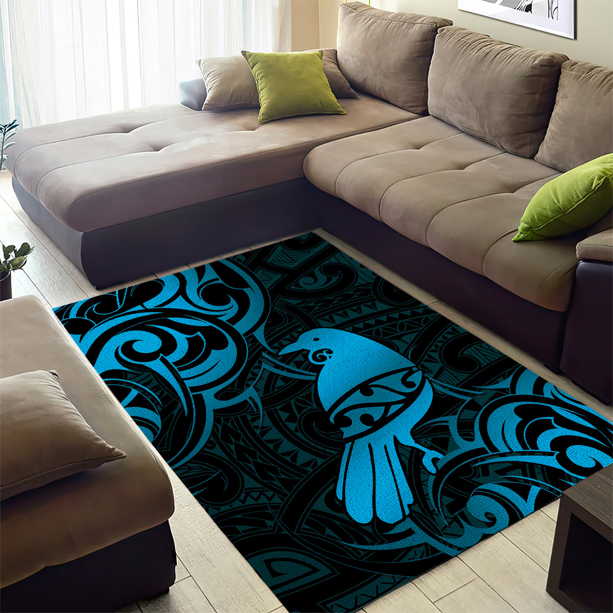 New Zealand Tui Bird Area Rug Aotearoa Maori Pattern - Blue - Vibe Hoodie Shop