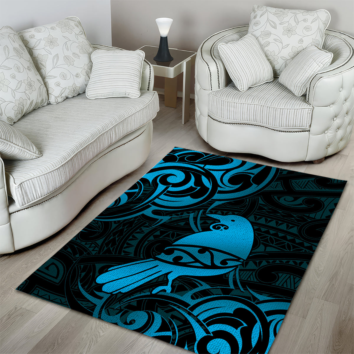 New Zealand Tui Bird Area Rug Aotearoa Maori Pattern - Blue - Vibe Hoodie Shop