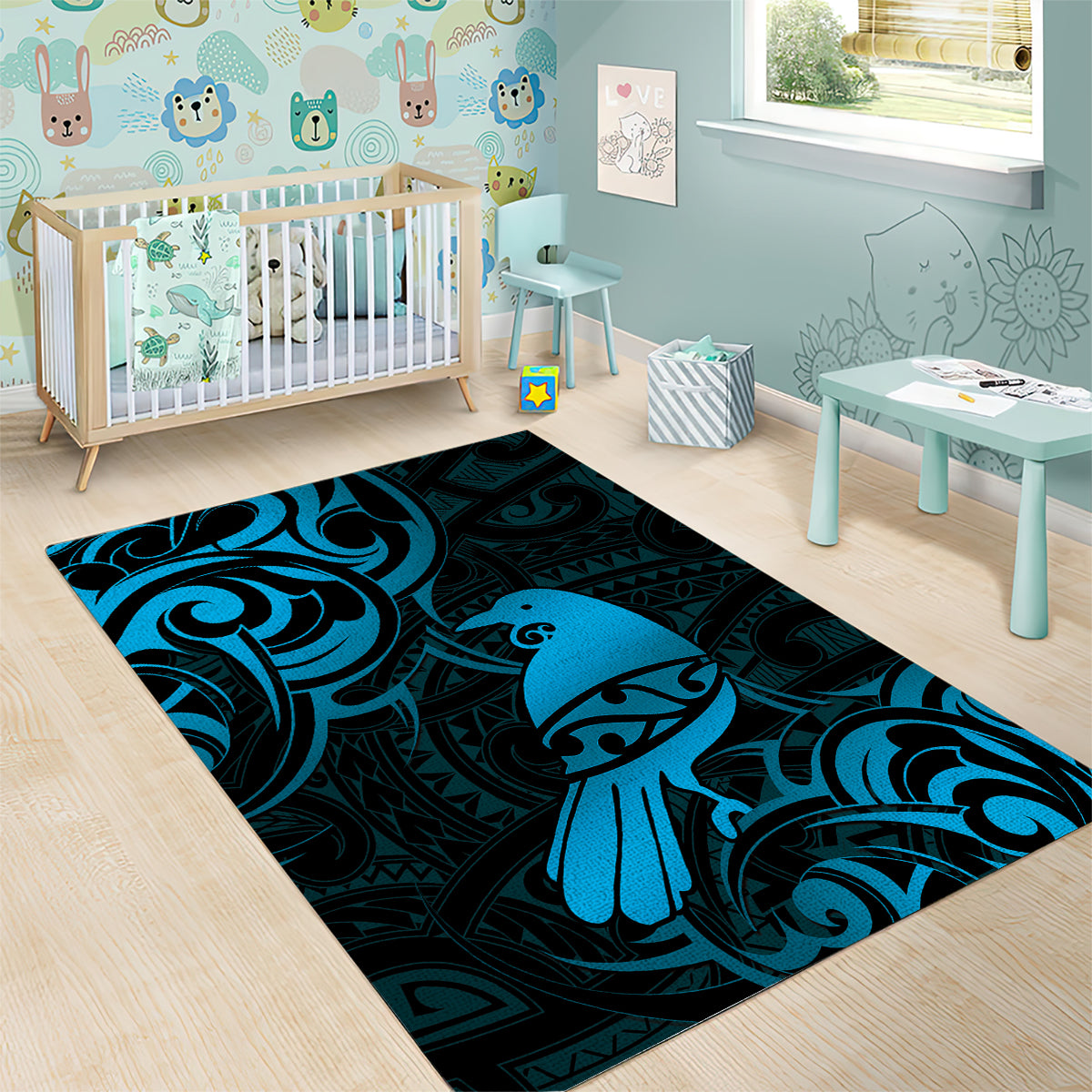 New Zealand Tui Bird Area Rug Aotearoa Maori Pattern - Blue - Vibe Hoodie Shop