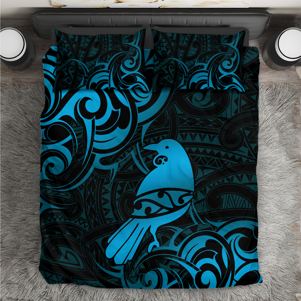New Zealand Tui Bird Bedding Set Aotearoa Maori Pattern - Blue - Vibe Hoodie Shop