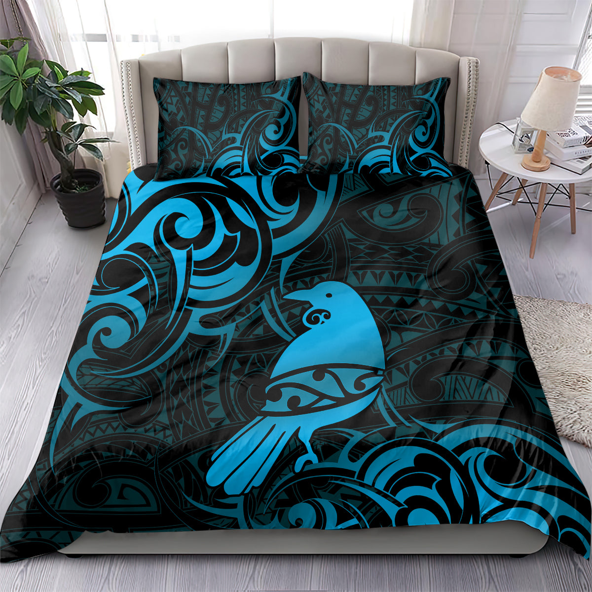New Zealand Tui Bird Bedding Set Aotearoa Maori Pattern - Blue - Vibe Hoodie Shop