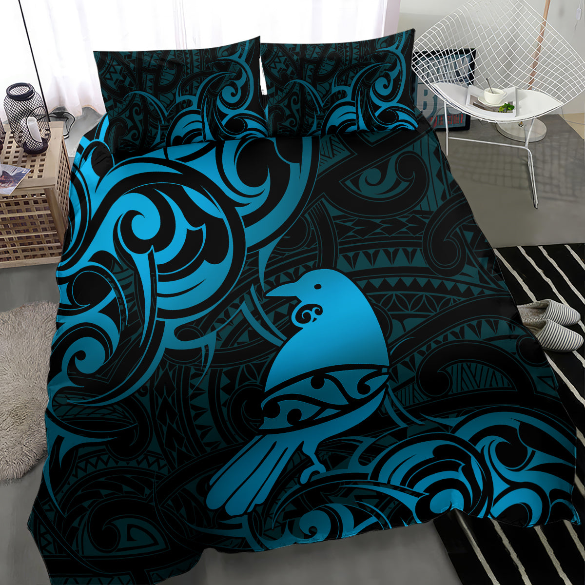 New Zealand Tui Bird Bedding Set Aotearoa Maori Pattern - Blue - Vibe Hoodie Shop