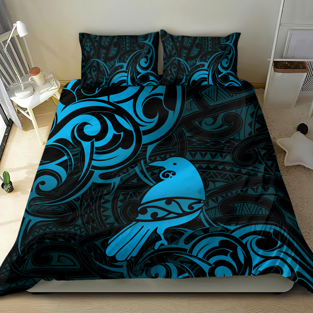 New Zealand Tui Bird Bedding Set Aotearoa Maori Pattern - Blue - Vibe Hoodie Shop