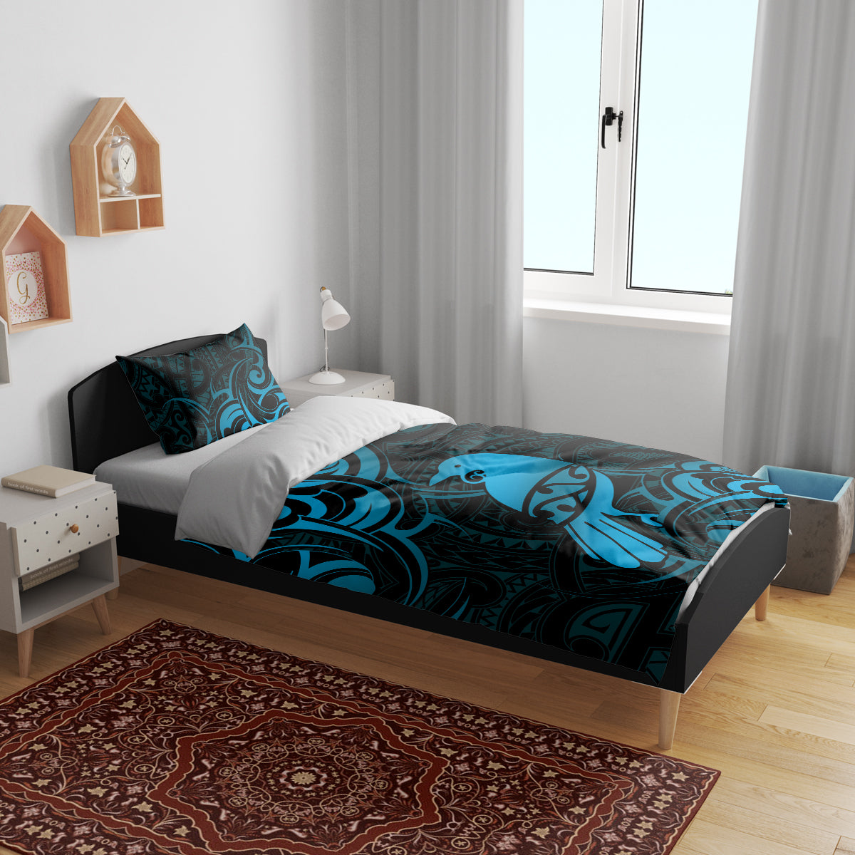 New Zealand Tui Bird Bedding Set Aotearoa Maori Pattern - Blue - Vibe Hoodie Shop