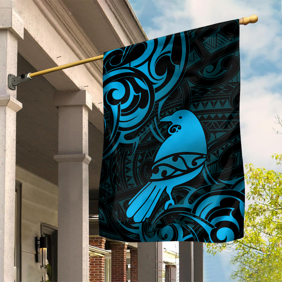 New Zealand Tui Bird Garden Flag Aotearoa Maori Pattern - Blue - Vibe Hoodie Shop