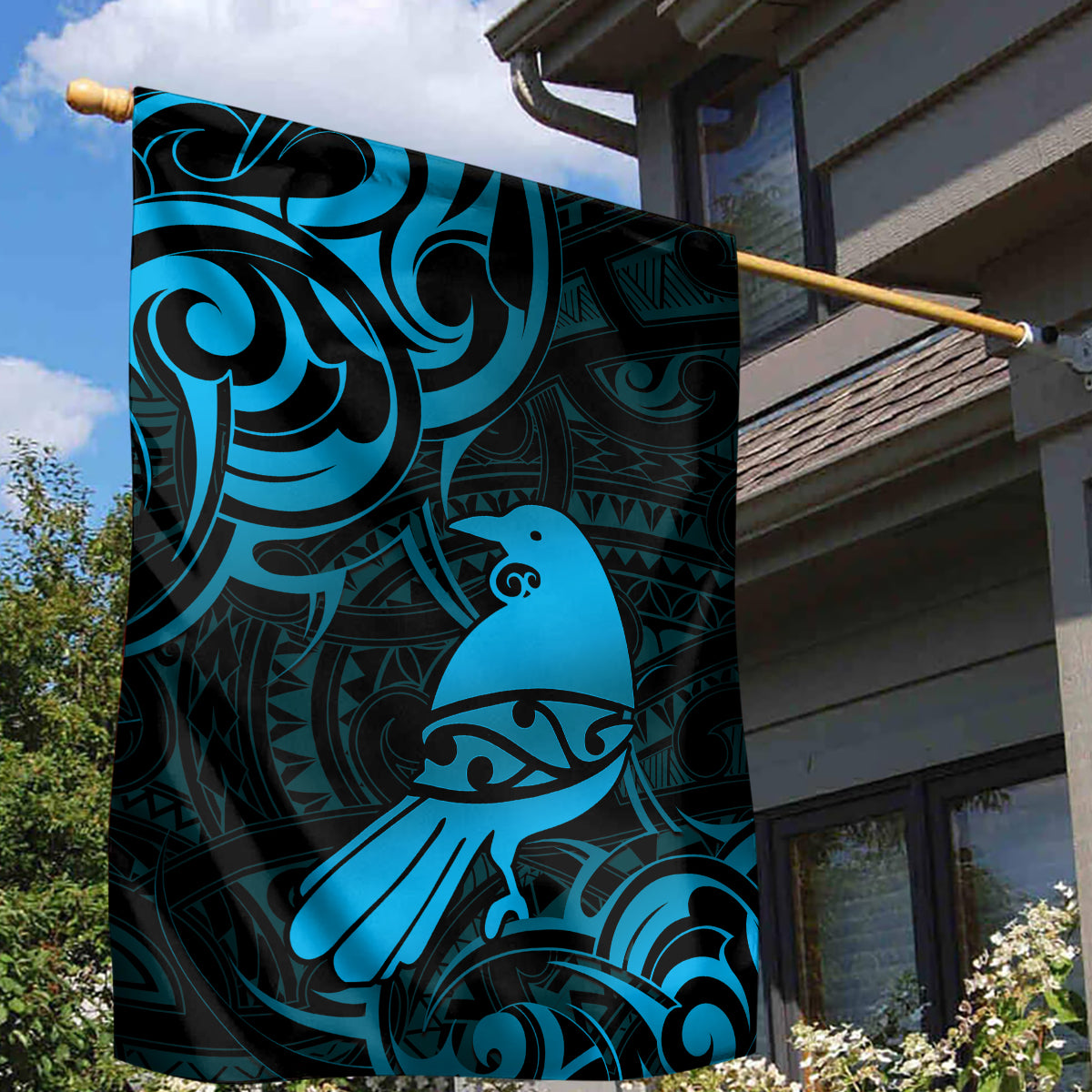 New Zealand Tui Bird Garden Flag Aotearoa Maori Pattern - Blue - Vibe Hoodie Shop