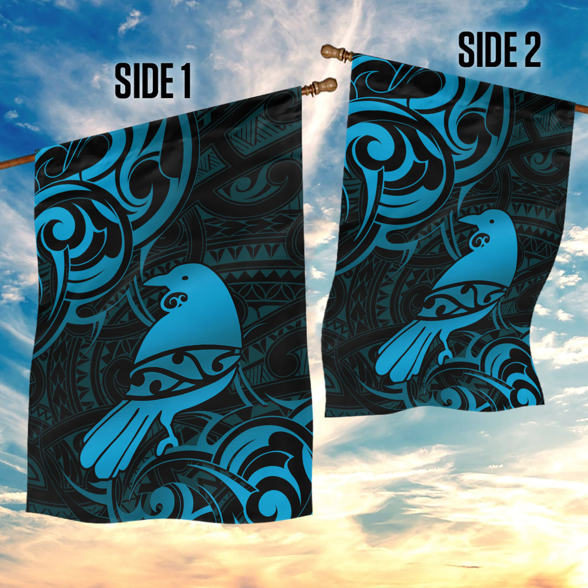 New Zealand Tui Bird Garden Flag Aotearoa Maori Pattern - Blue - Vibe Hoodie Shop