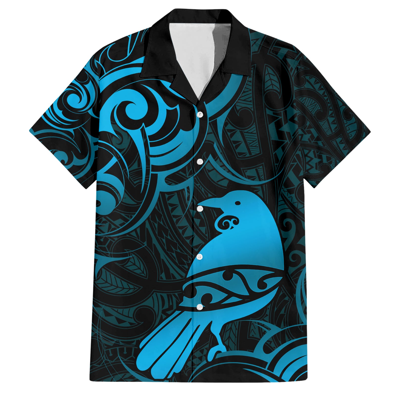 New Zealand Tui Bird Hawaiian Shirt Aotearoa Maori Pattern - Blue - Vibe Hoodie Shop