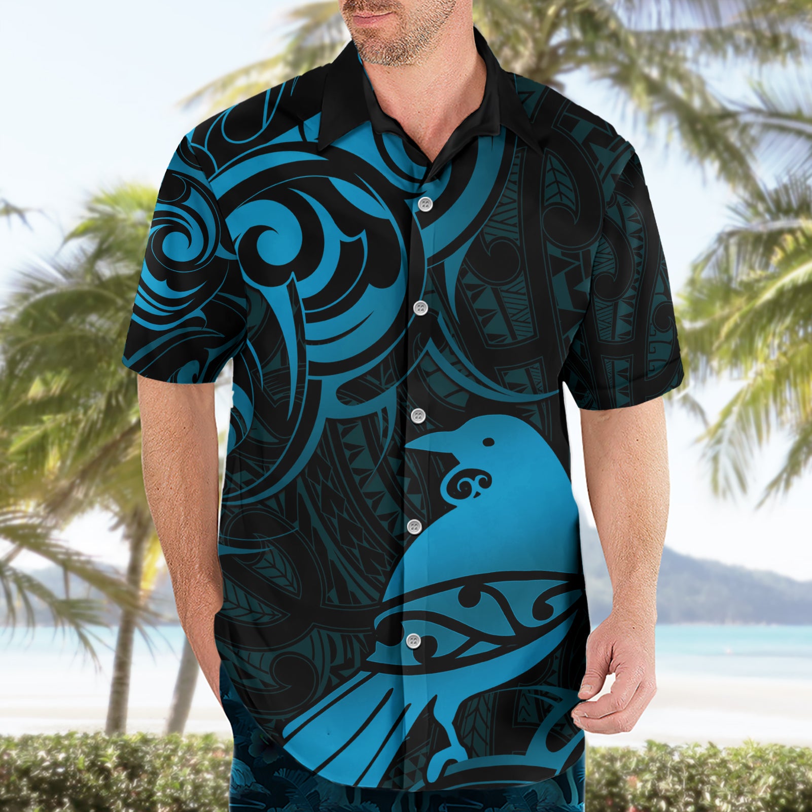 New Zealand Tui Bird Hawaiian Shirt Aotearoa Maori Pattern - Blue - Vibe Hoodie Shop