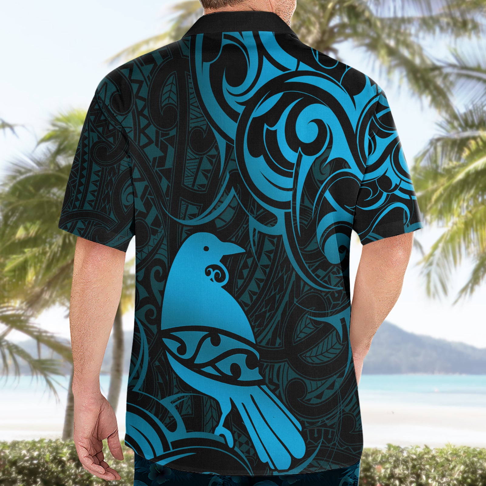 New Zealand Tui Bird Hawaiian Shirt Aotearoa Maori Pattern - Blue - Vibe Hoodie Shop