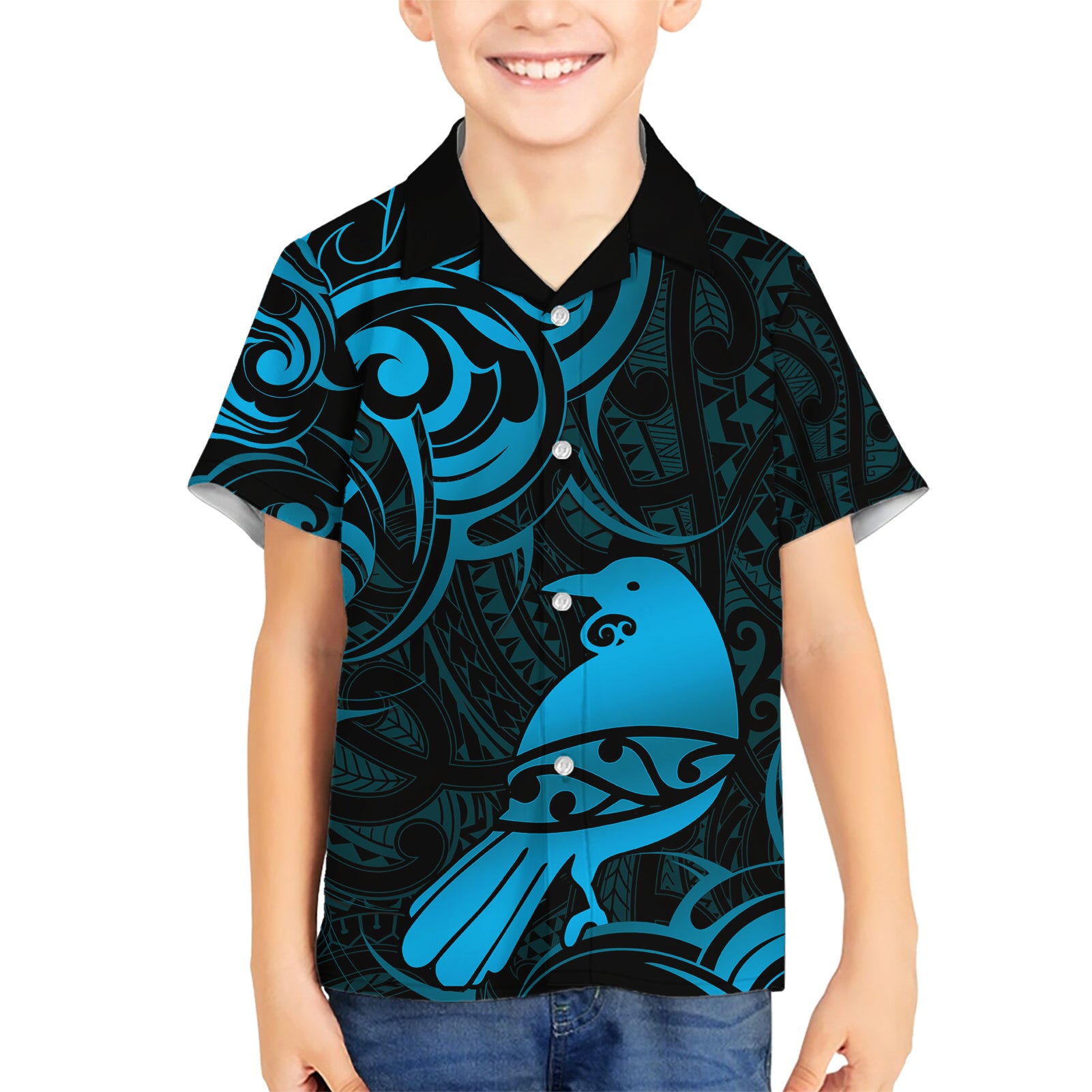 New Zealand Tui Bird Hawaiian Shirt Aotearoa Maori Pattern - Blue - Vibe Hoodie Shop