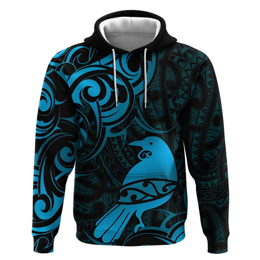 New Zealand Tui Bird Hoodie Aotearoa Maori Pattern - Blue - Vibe Hoodie Shop