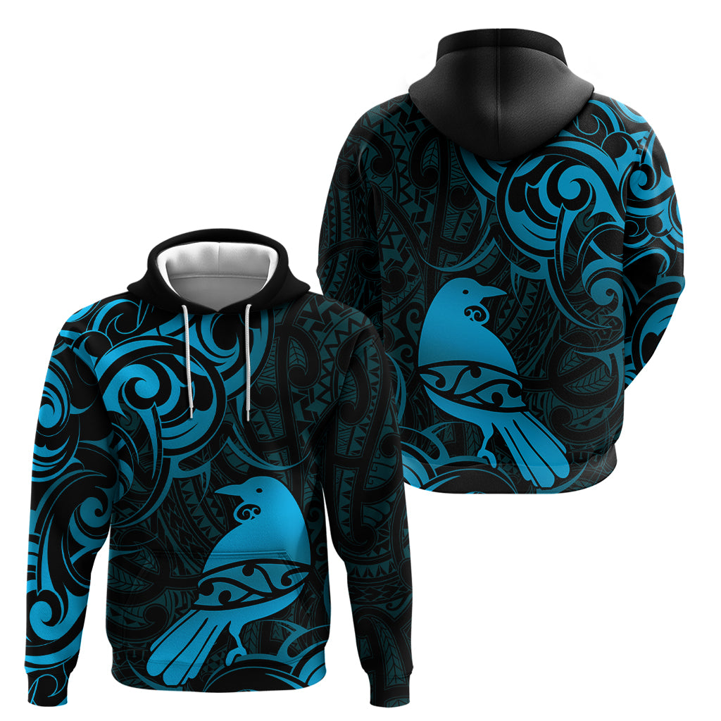 New Zealand Tui Bird Hoodie Aotearoa Maori Pattern - Blue - Vibe Hoodie Shop