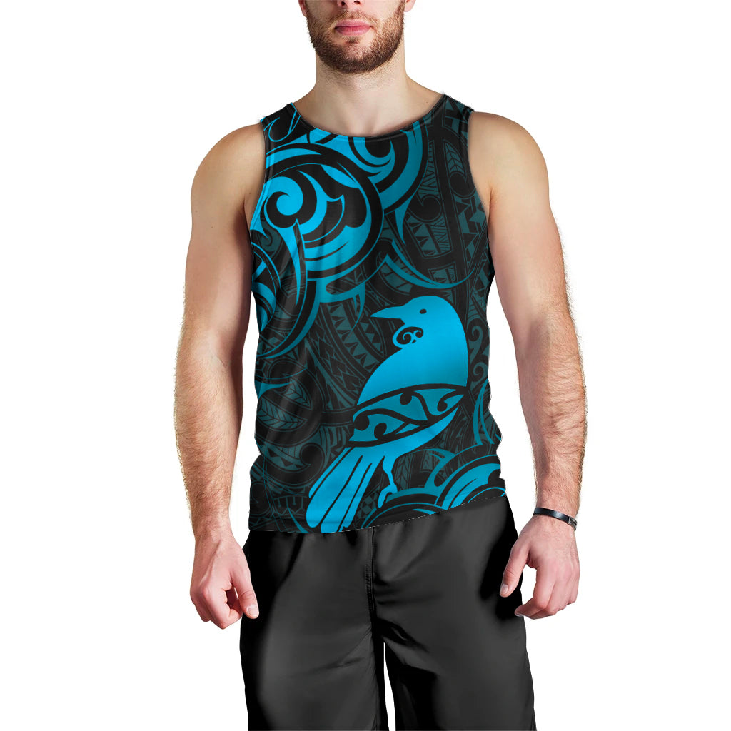 New Zealand Tui Bird Men Tank Top Aotearoa Maori Pattern - Blue - Vibe Hoodie Shop