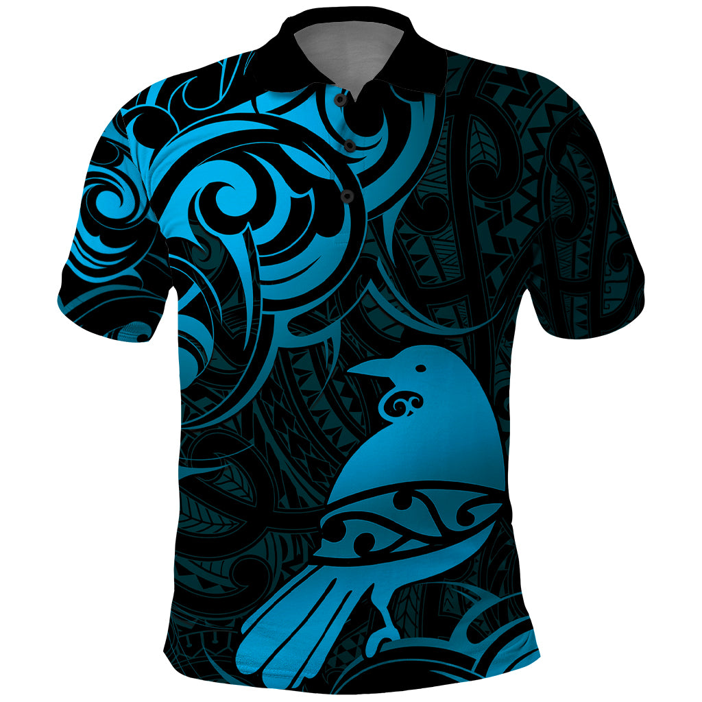 New Zealand Tui Bird Polo Shirt Aotearoa Maori Pattern - Blue - Vibe Hoodie Shop