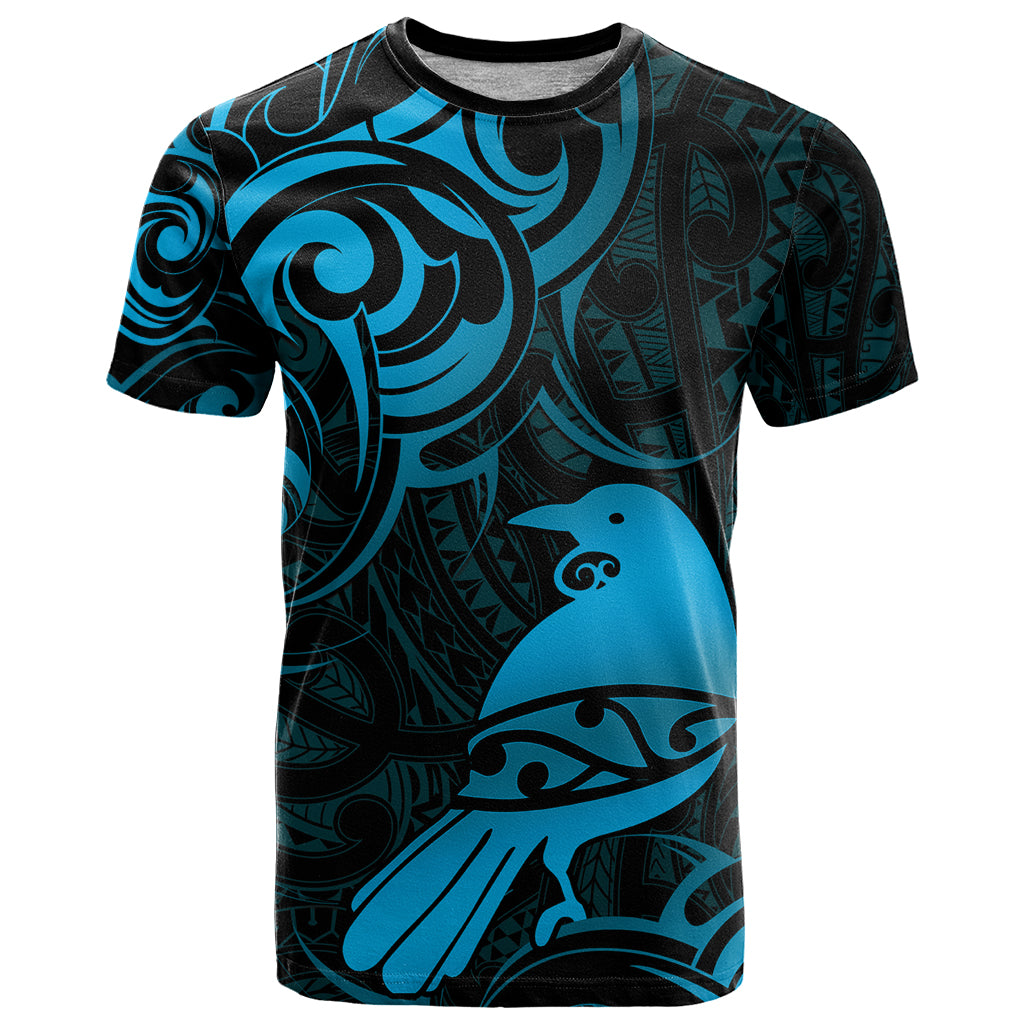 New Zealand Tui Bird T Shirt Aotearoa Maori Pattern - Blue - Vibe Hoodie Shop